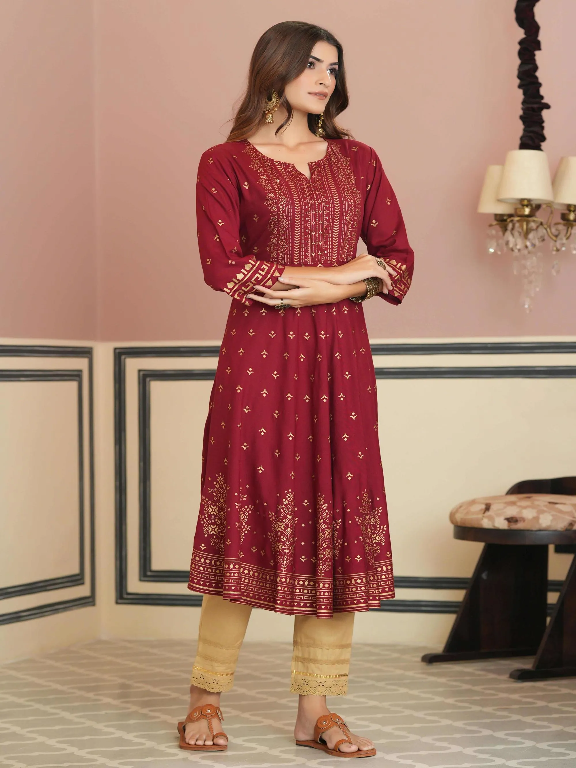 Juniper Maroon Ethnic Motif Printed  Rayon Kurta with Sequins