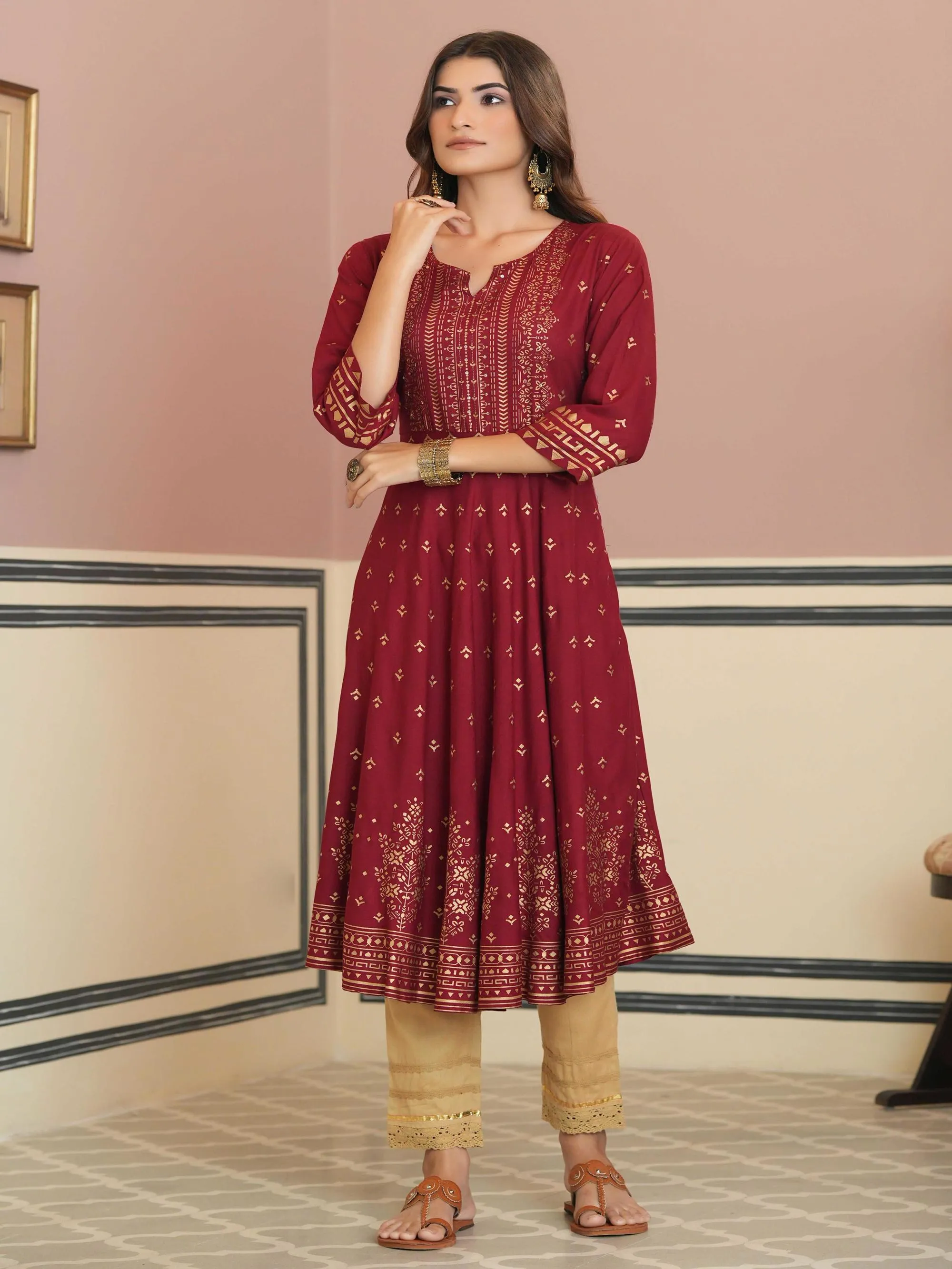 Juniper Maroon Ethnic Motif Printed  Rayon Kurta with Sequins