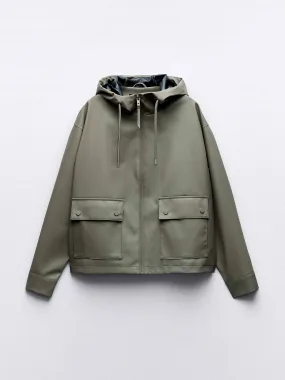 Khaki rubberised raincoat with hood