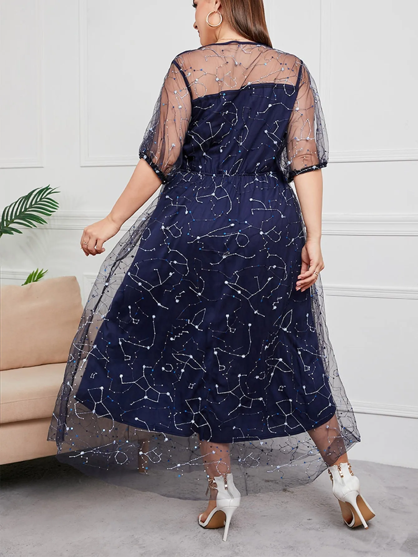 KittenAlarm - Plus Sequins Embroidery Mesh Overlay Dress