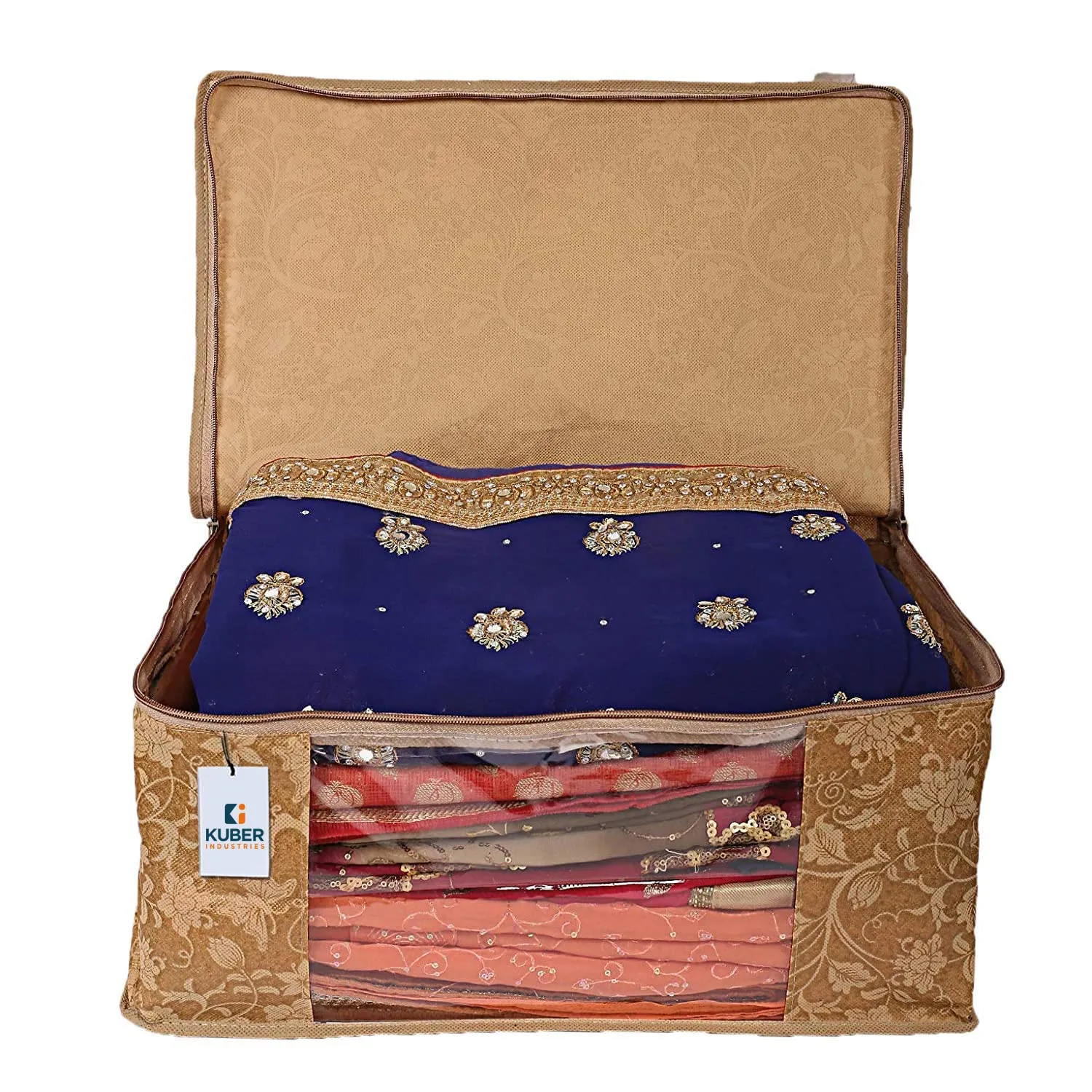 Kuber Industries Non-Woven Saree Covers With Zip|Non Woven Clothes Organiser For Wardrobe |Metalic Print With Transparent Window|Suitable For Lehenga, Suit, Dress|Pack Of 6 (Brown)