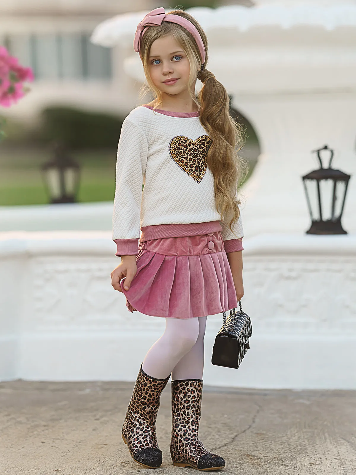 Leopard Heart Pleated Skirt Set