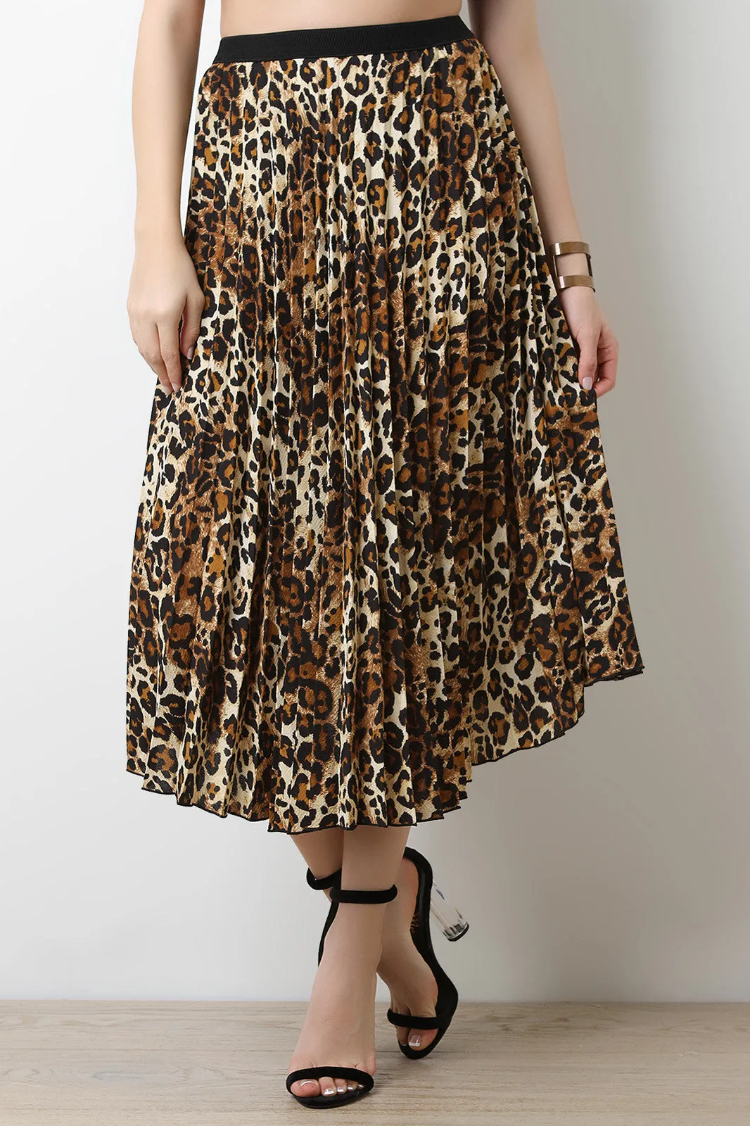 Leopard High Waisted Pleated Midi Skirt