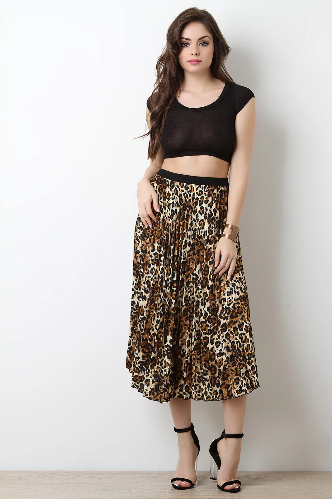 Leopard High Waisted Pleated Midi Skirt