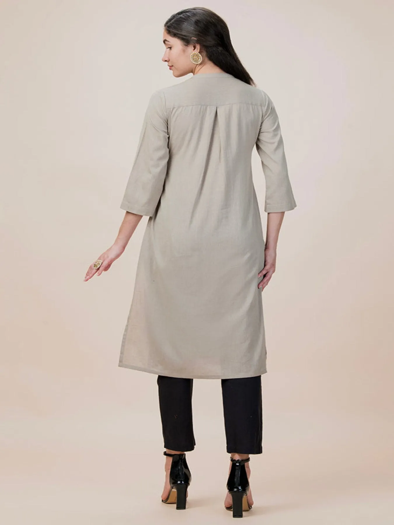 Linen Embroidered Pleated Ethnic Kurta