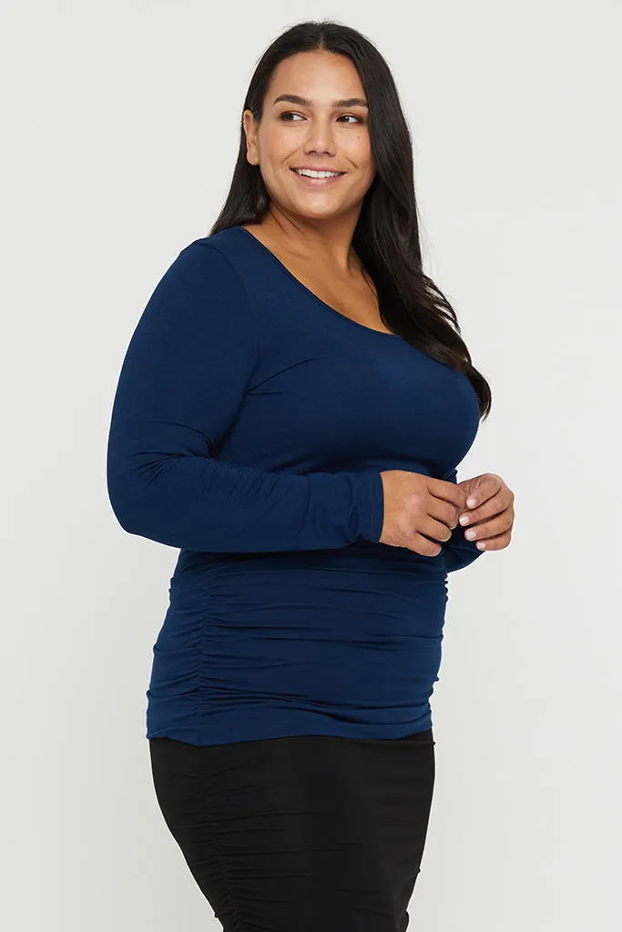 Long Sleeve Ruched Bamboo Tee - Navy