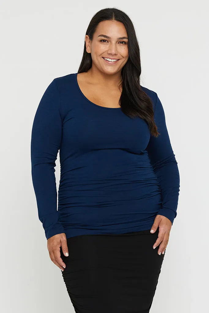 Long Sleeve Ruched Bamboo Tee - Navy