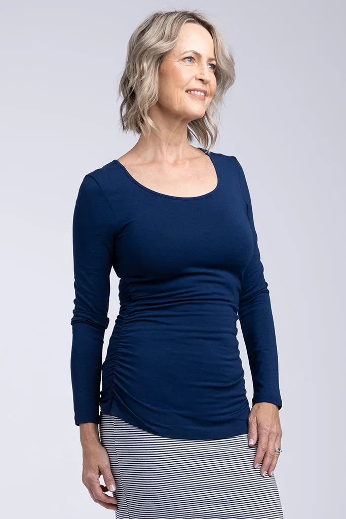 Long Sleeve Ruched Bamboo Tee - Navy