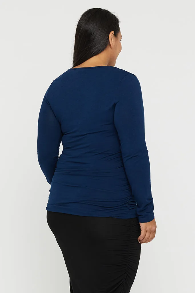 Long Sleeve Ruched Bamboo Tee - Navy