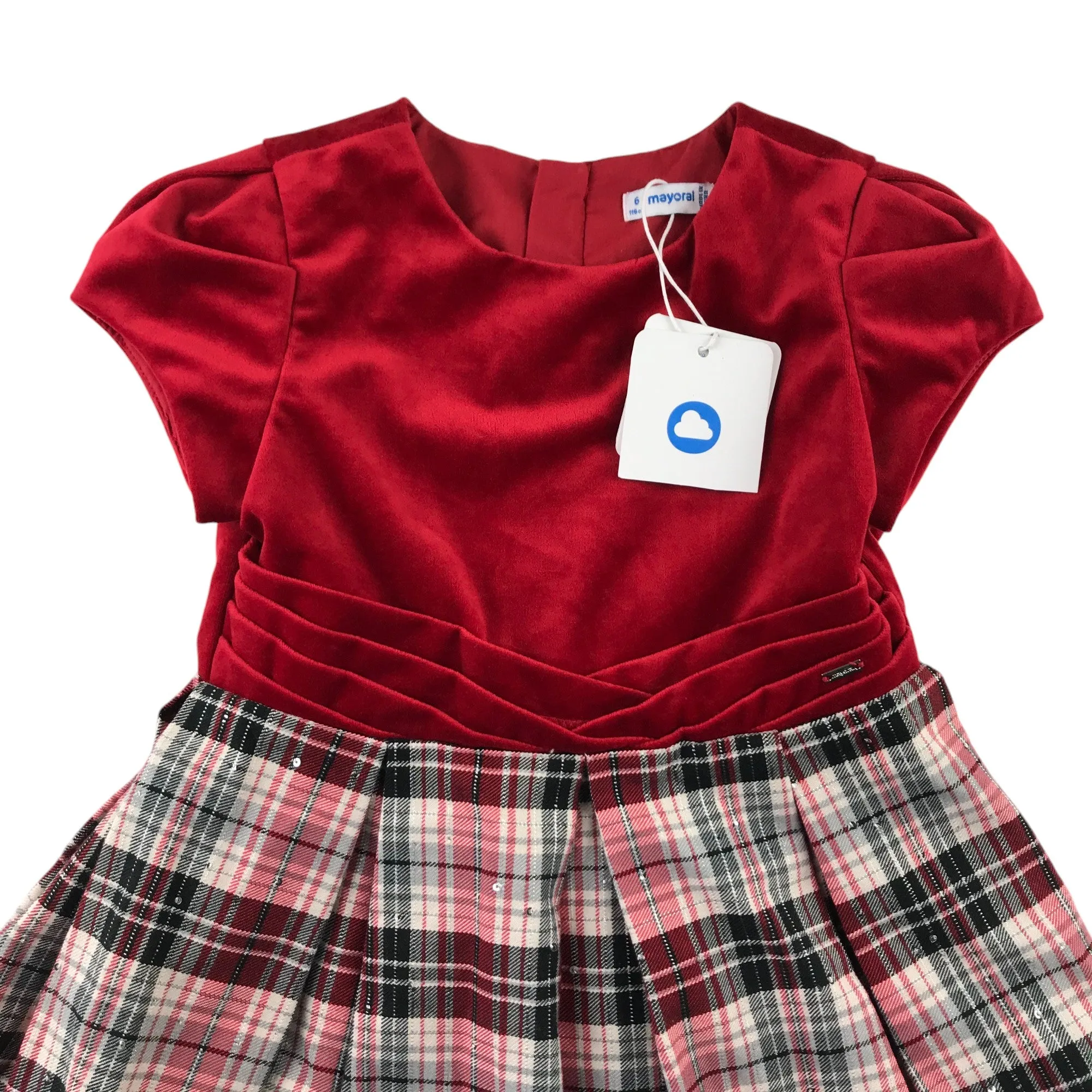 Mayoral dress 5-6 years red cap sleeve velvety top tartan checked skirt with sequins