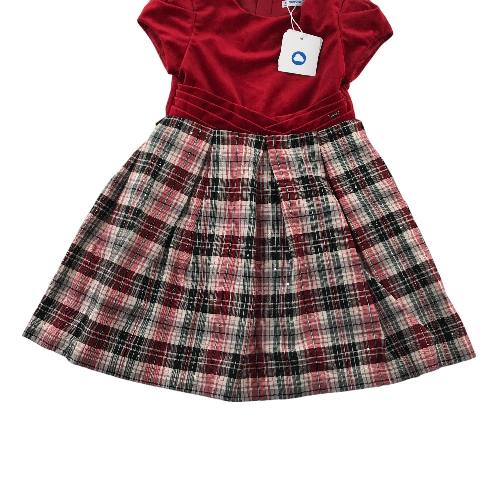 Mayoral dress 5-6 years red cap sleeve velvety top tartan checked skirt with sequins