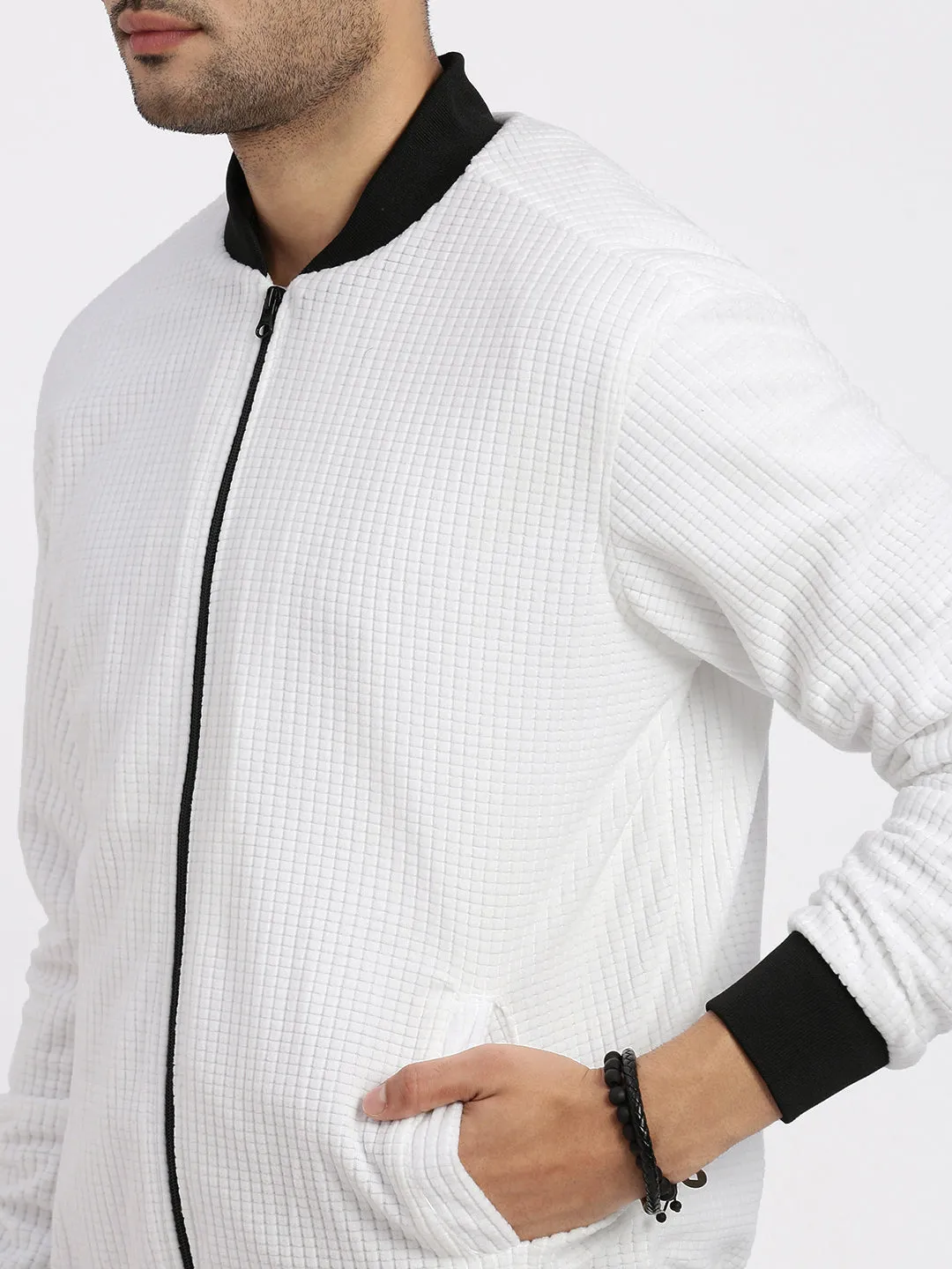 Men White Solid Bomber Jacket