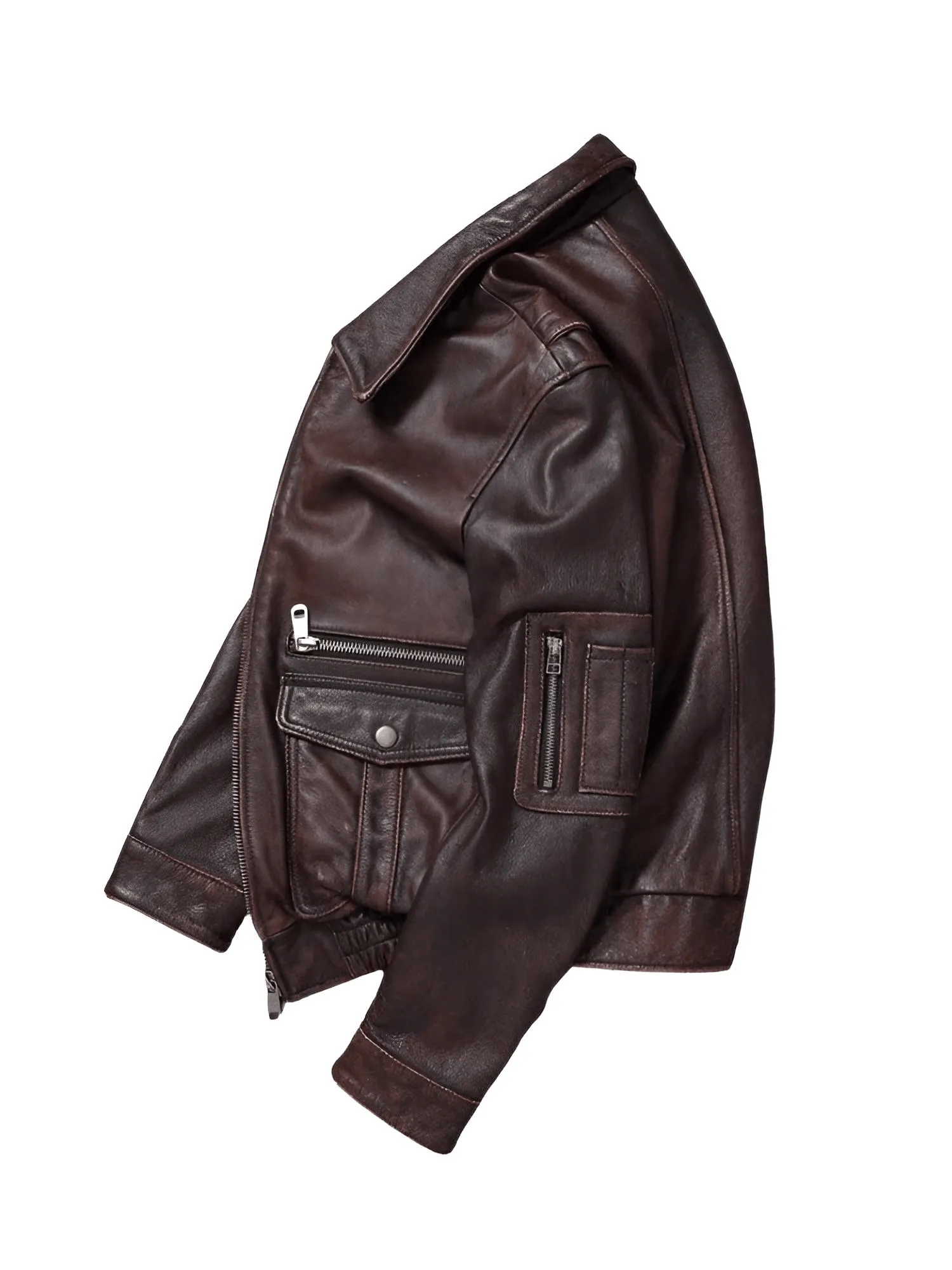 Men's Vintage Leather Jacket Stone Milled Cowhide Bomber Jacket Brown Calfskin Motorcycle Jacket