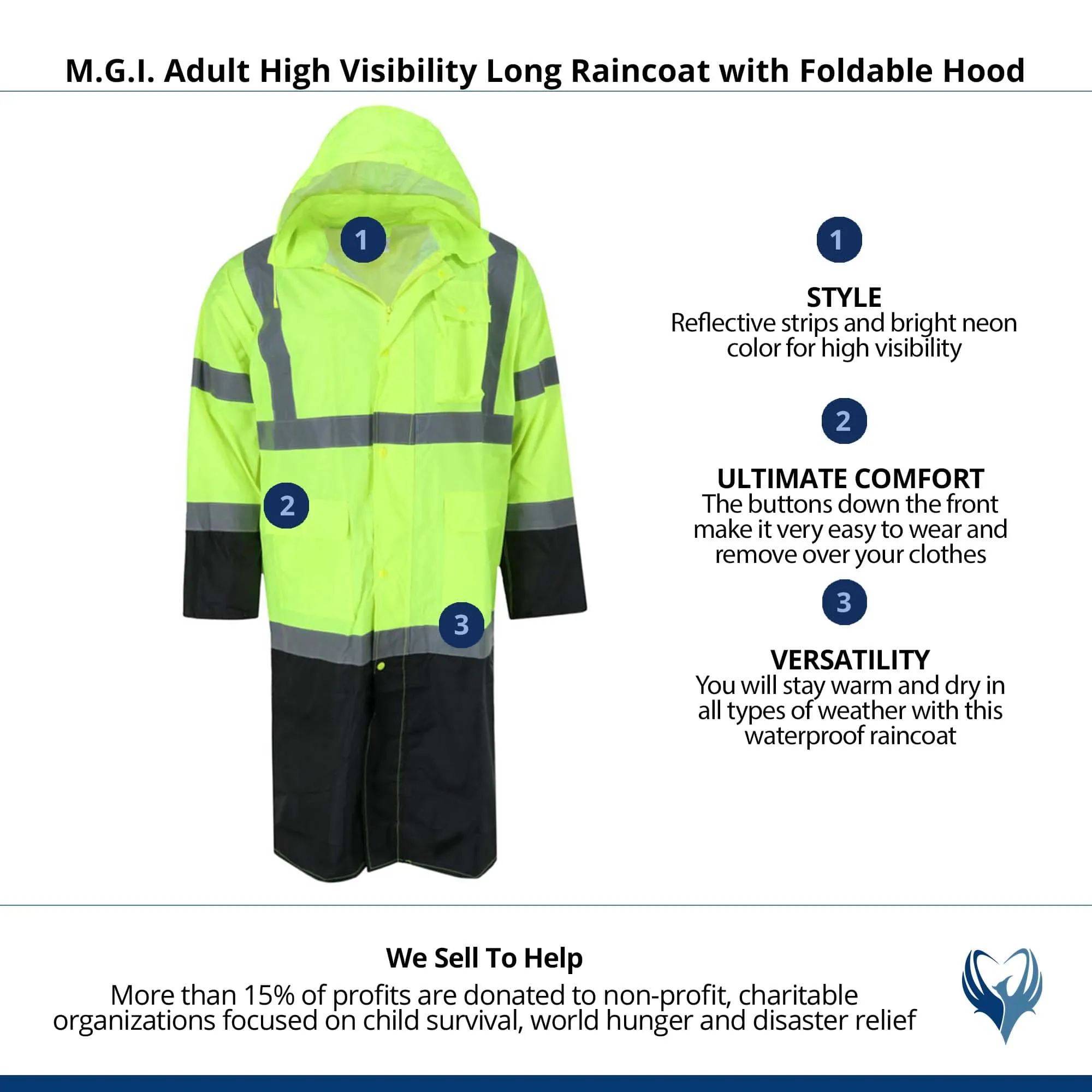 M.G.I. Adult High Visibility Long Raincoat with Foldable Hood