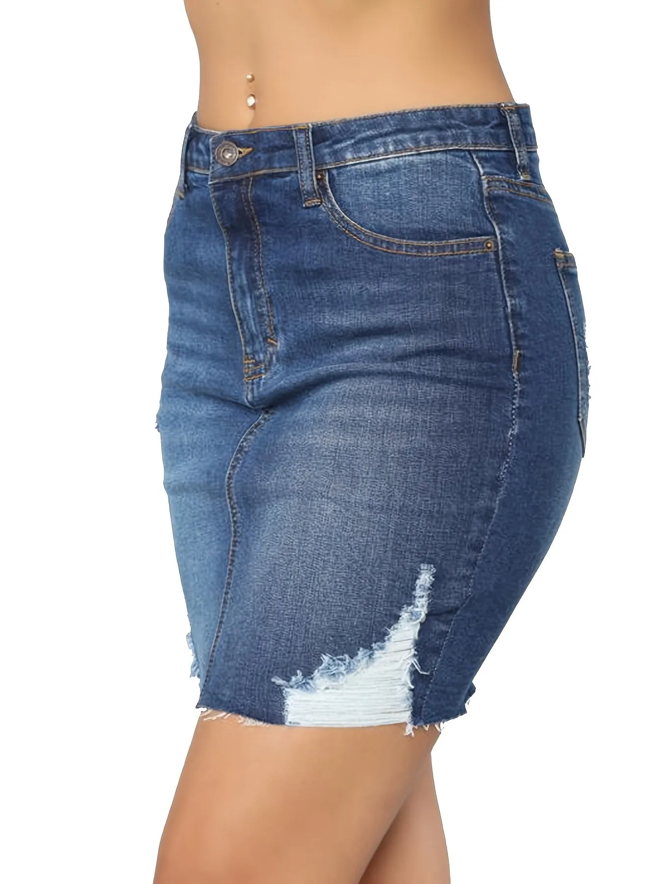 Mid Stretch Slim Fit Raw Cut Denim Mini Skirt - Ripped Holes, Fashionable, Comfortable, Versatile - Womens Denim Clothing, Summer Essential, Casual Wear