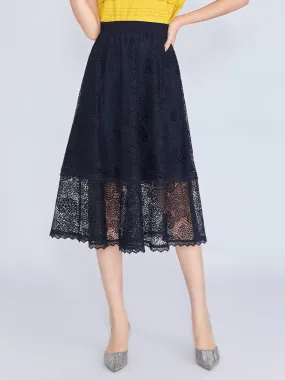 Navy Blue Lace Midi Skirt