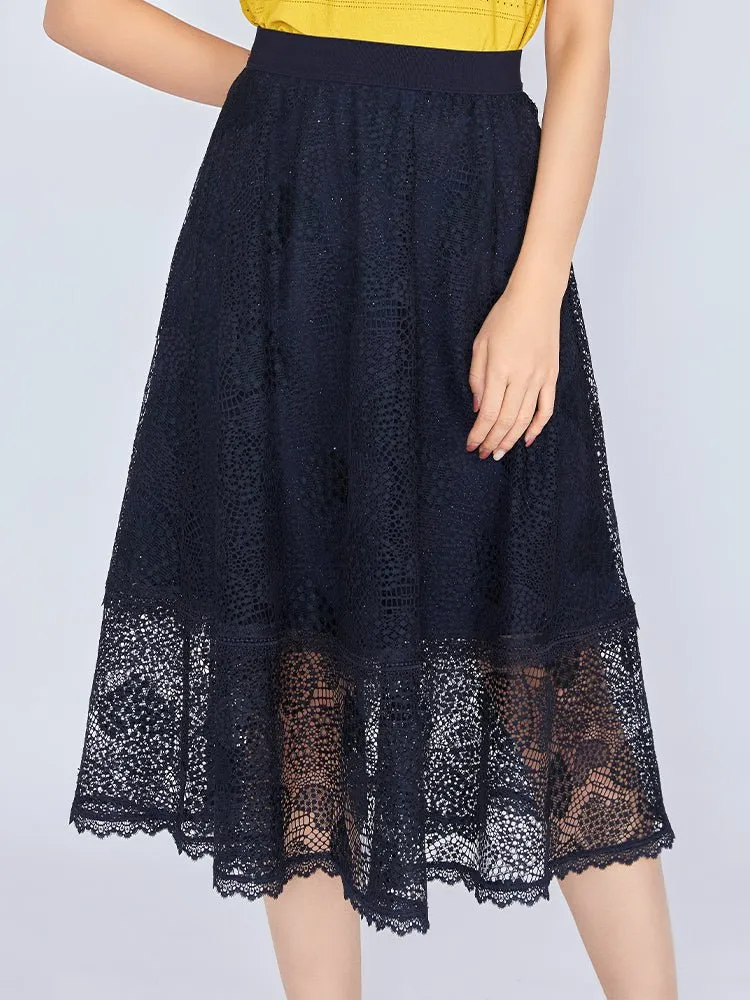 Navy Blue Lace Midi Skirt