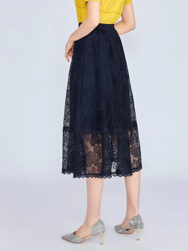 Navy Blue Lace Midi Skirt