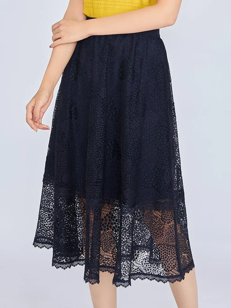 Navy Blue Lace Midi Skirt