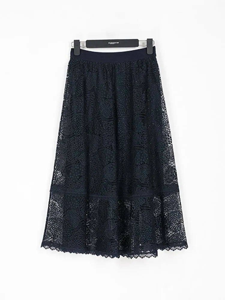 Navy Blue Lace Midi Skirt