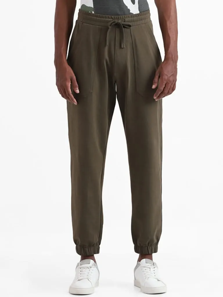 Nuon Olive Cotton Blend Relaxed-Fit Mid-Rise Joggers