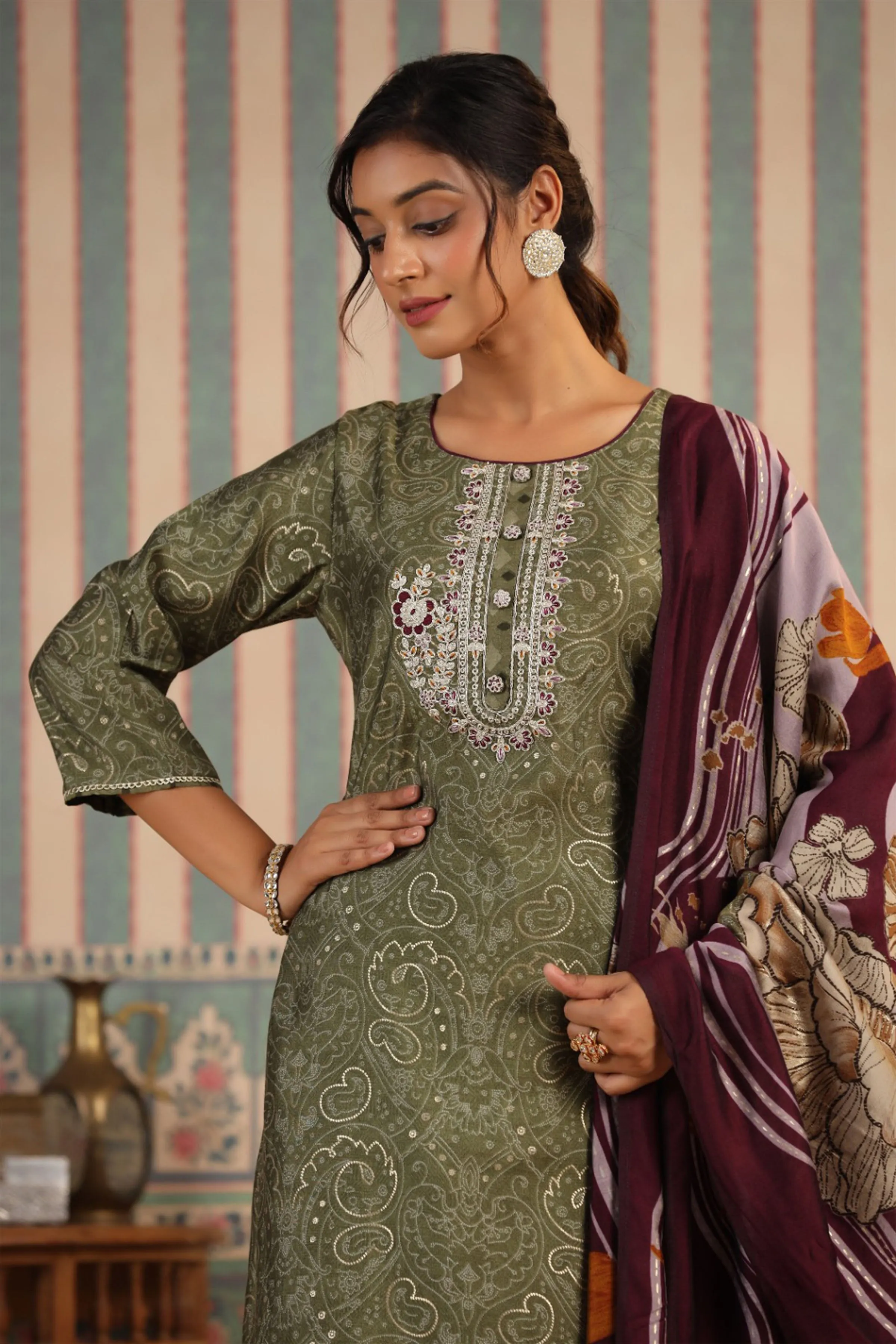 Olive Aura Ethnic Suit Set