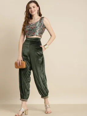 Olive Embroidered Cuff Hem Velvet Pants