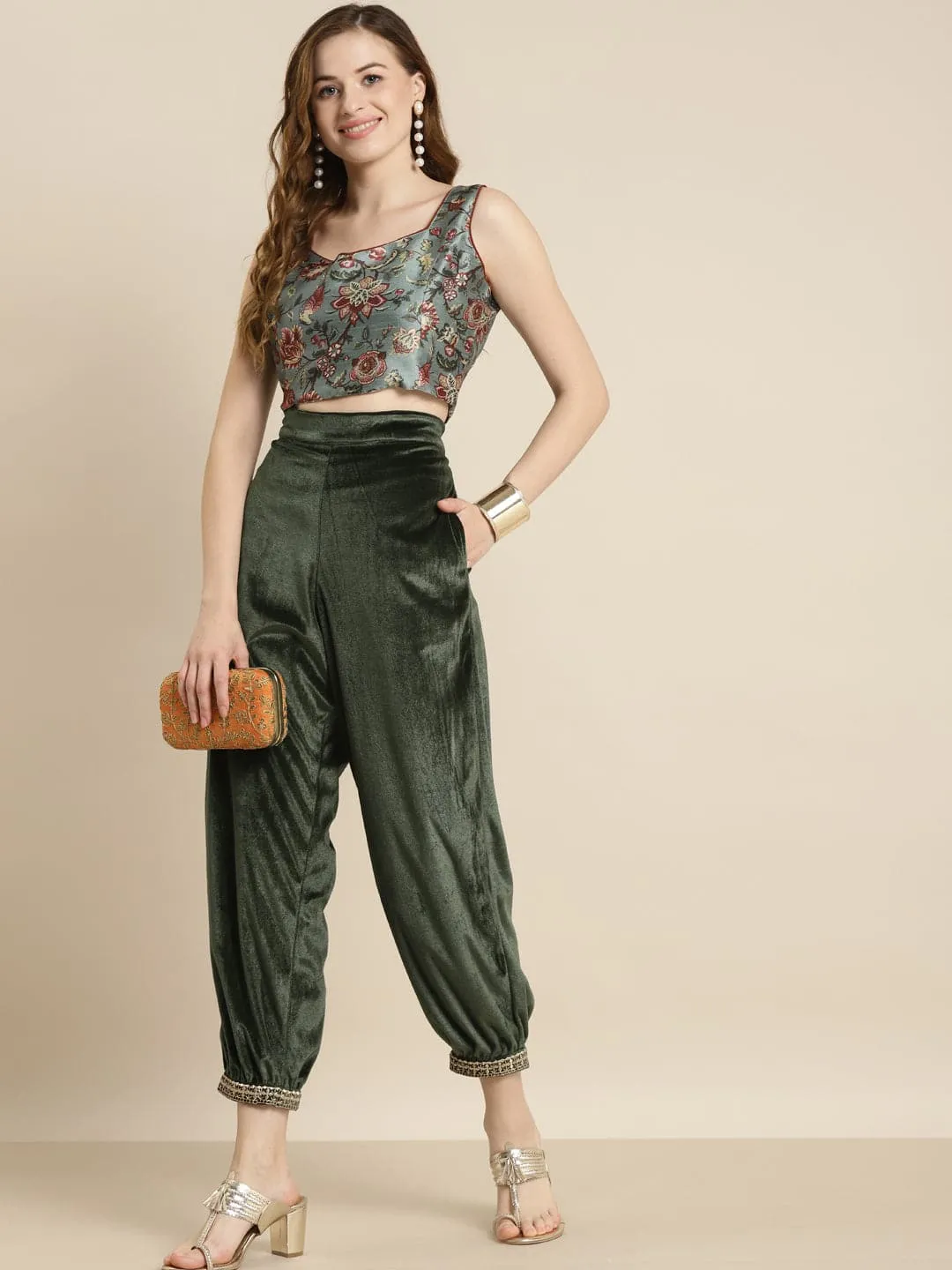 Olive Embroidered Cuff Hem Velvet Pants