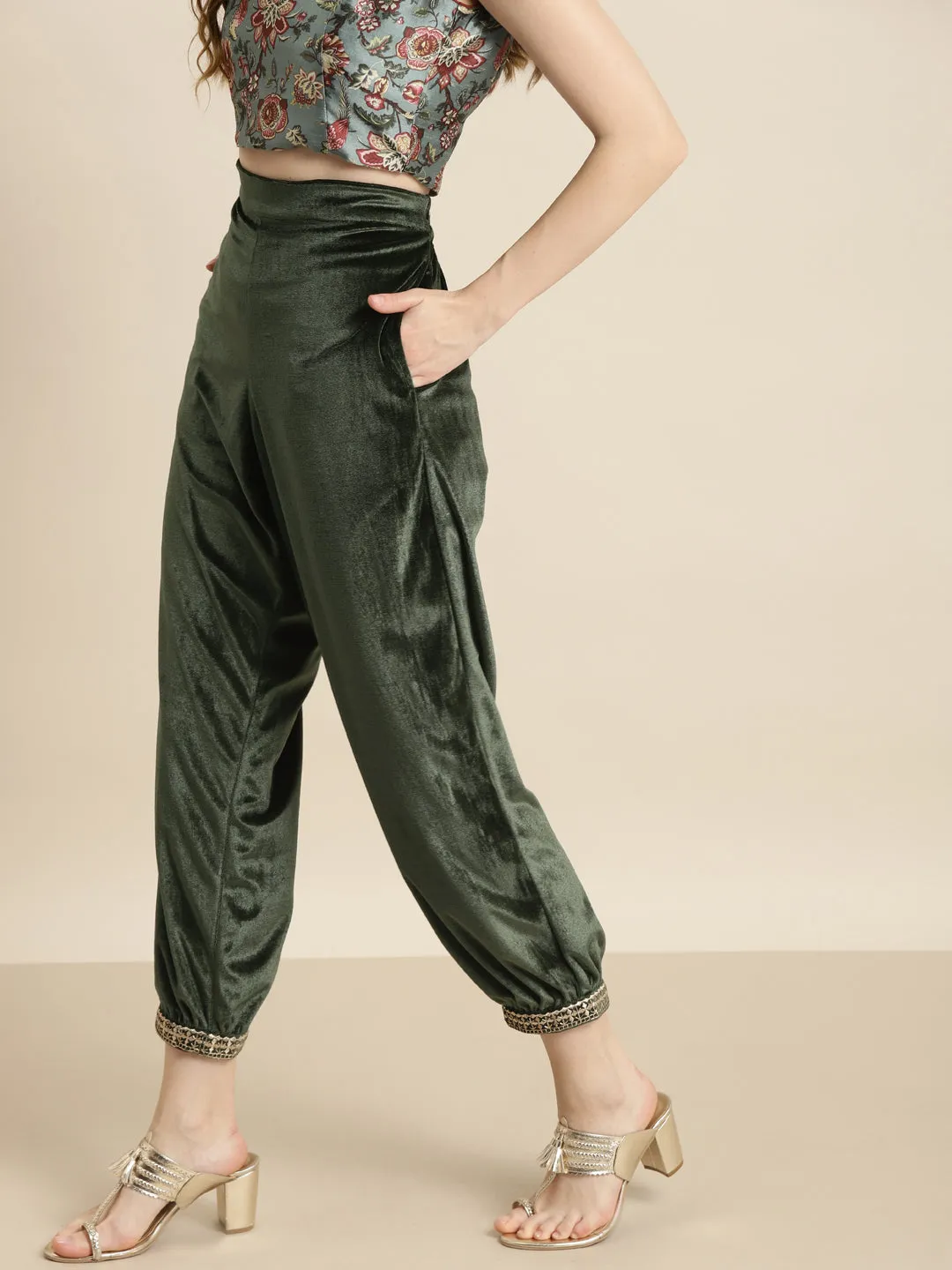 Olive Embroidered Cuff Hem Velvet Pants