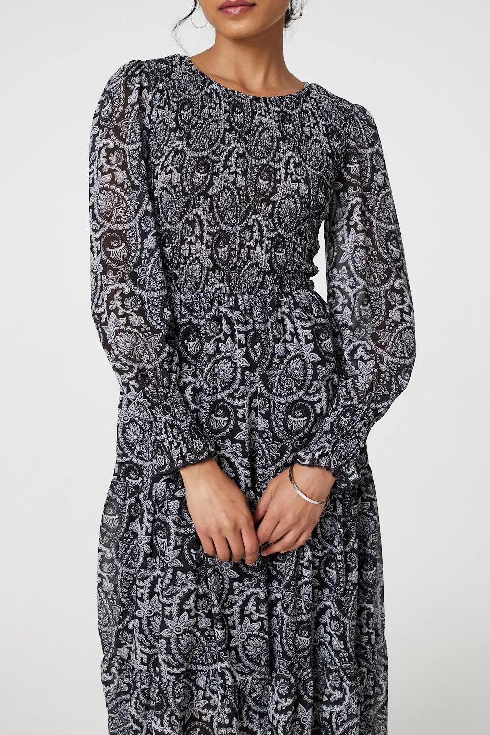 Paisley Long Puff Sleeve Midi Smock Dress