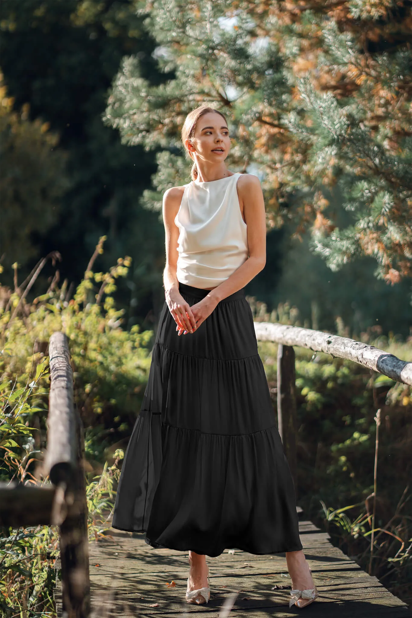 Parisian Noir Silk Maxi Tiered Skirt