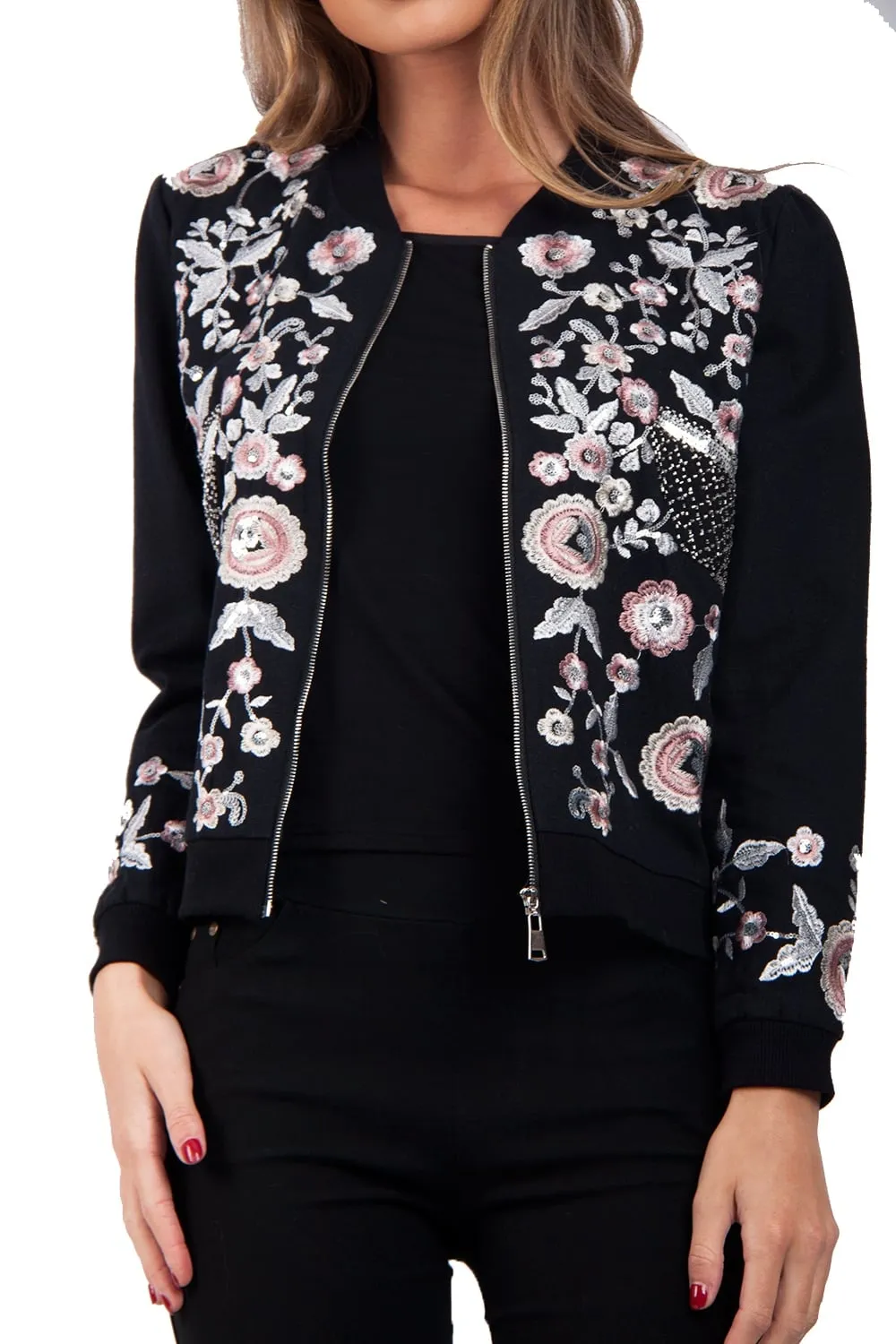 Pastel Floral Embroidered Bomber Jacket