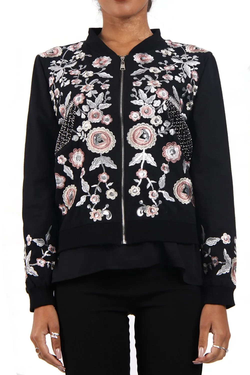 Pastel Floral Embroidered Bomber Jacket