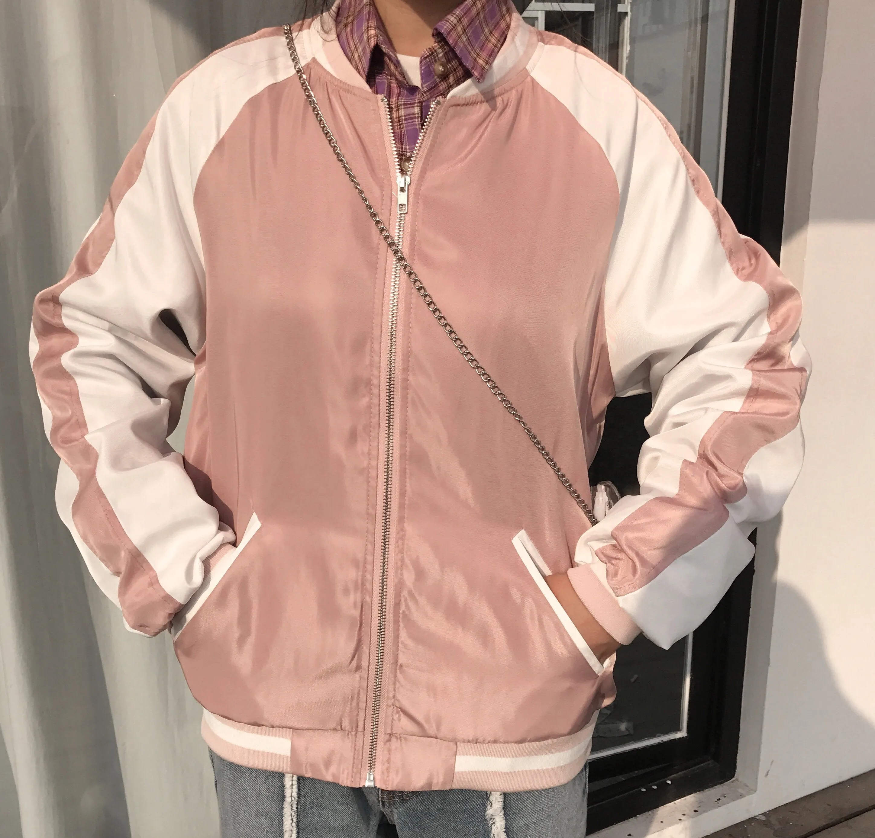 Pastel Satin Zipper Bomber Jacket