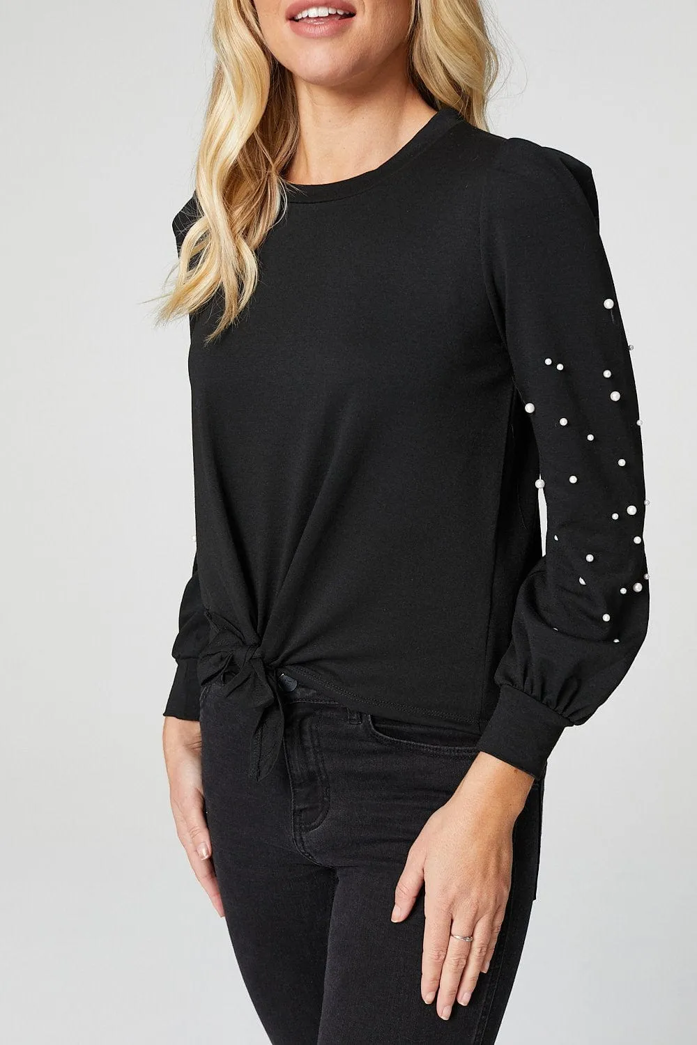 Pearl Embellished Tie Front Crop Top