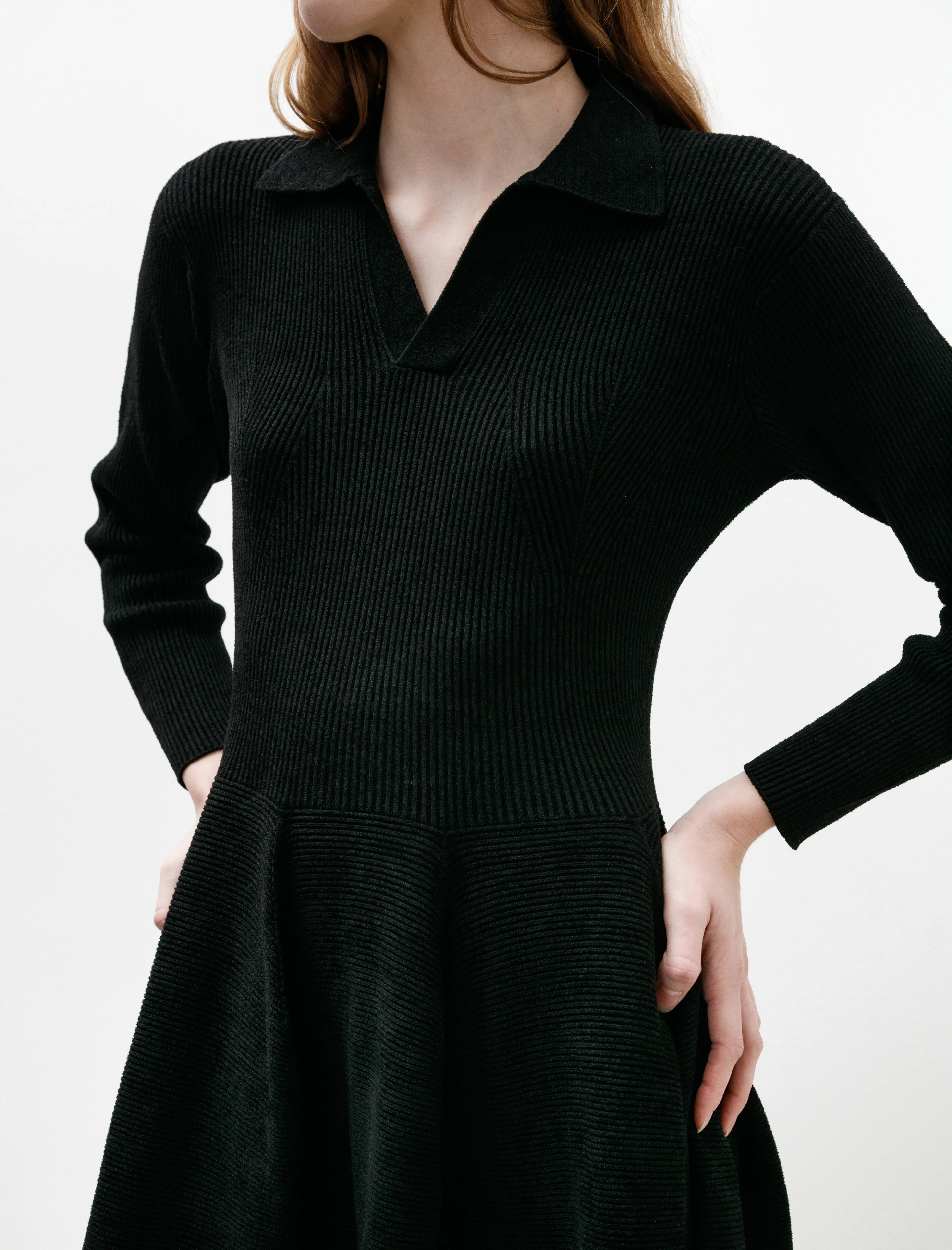 Pottery Velvet Long Sleeve Polo Dress Black