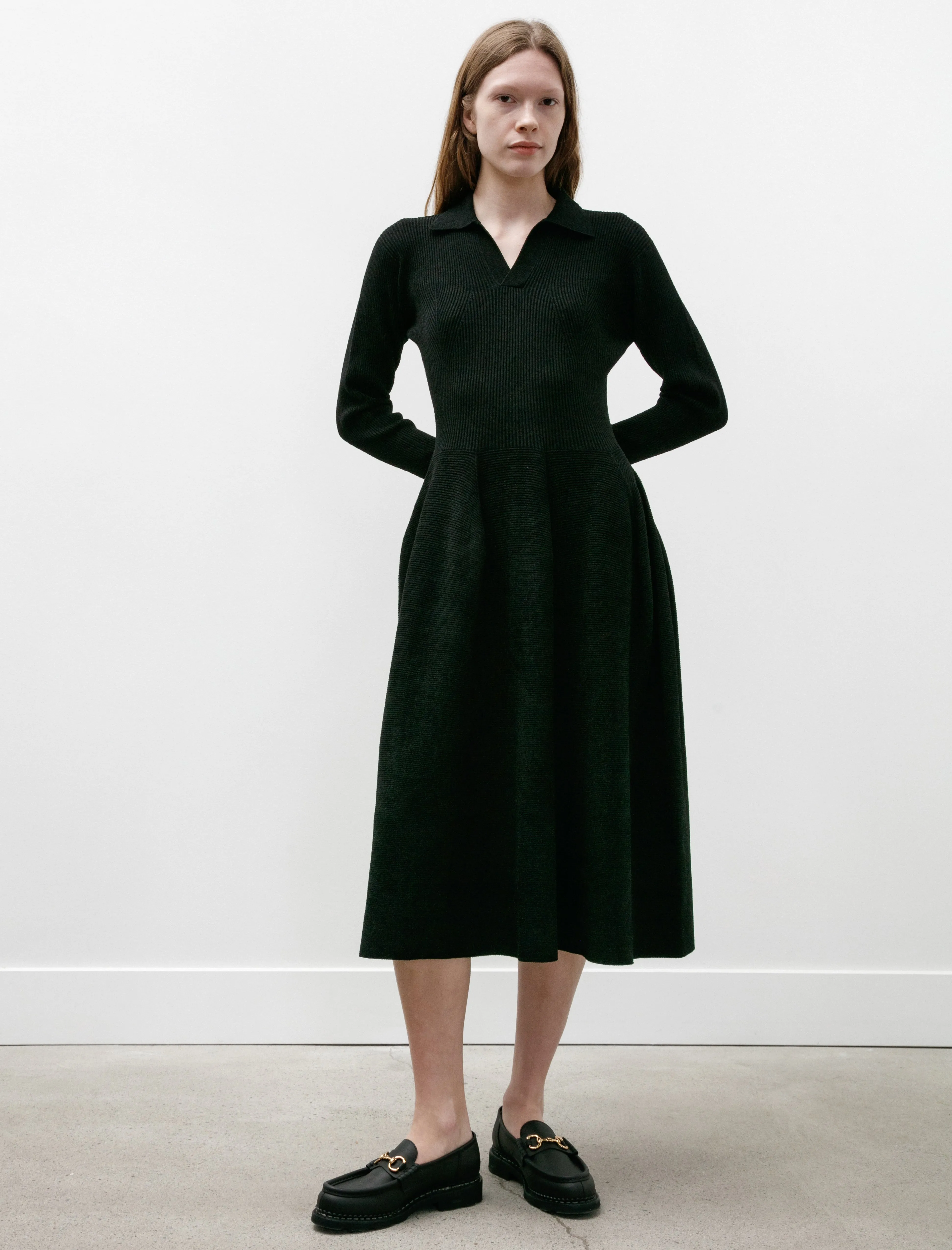 Pottery Velvet Long Sleeve Polo Dress Black