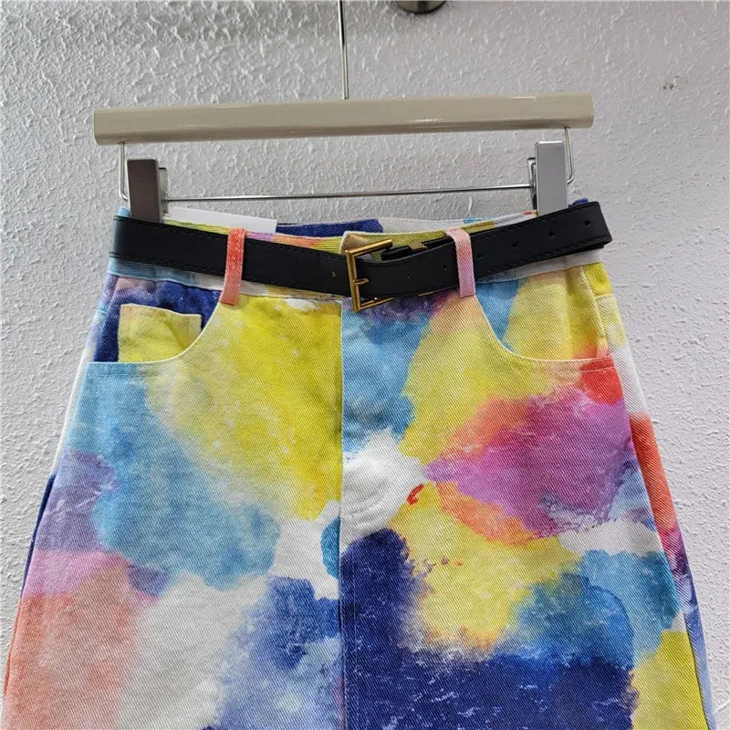 Pre Order: Tie Dye High Waist A-Line Denim Short Skirt