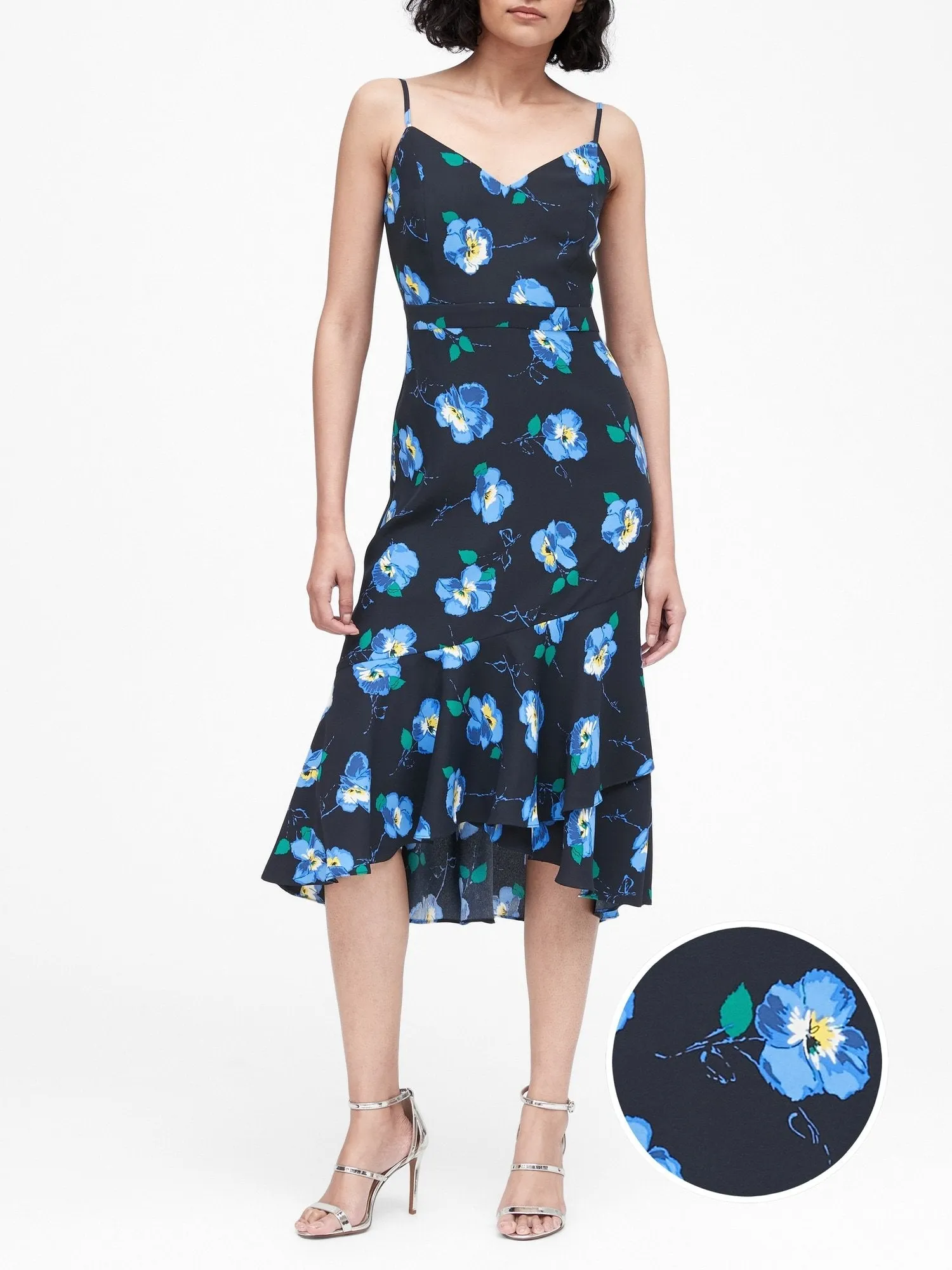 Print Midi Sheath Dress In Navy Pansy Floral