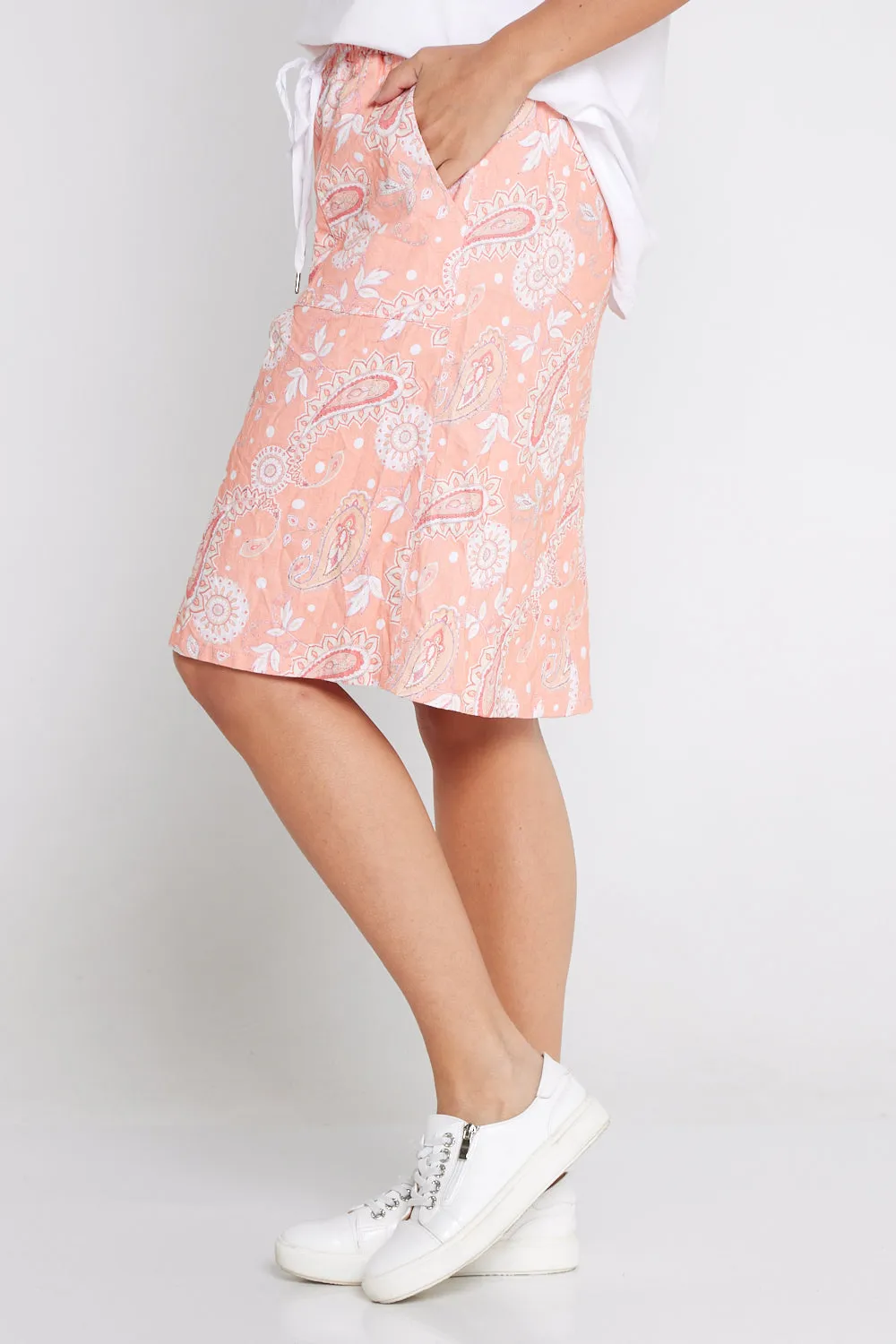 Printed Crushed Drawstring Skirt - Peach Paisley