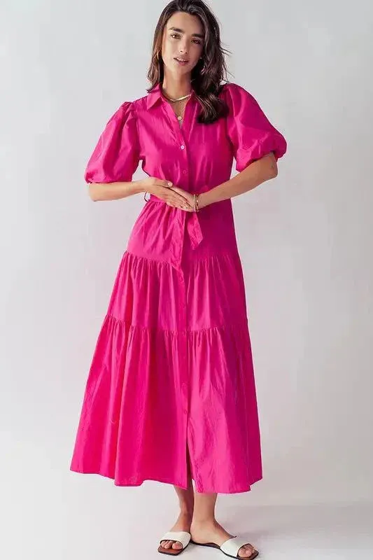 Puff Sleeve Tiered Dress in Fuchsia