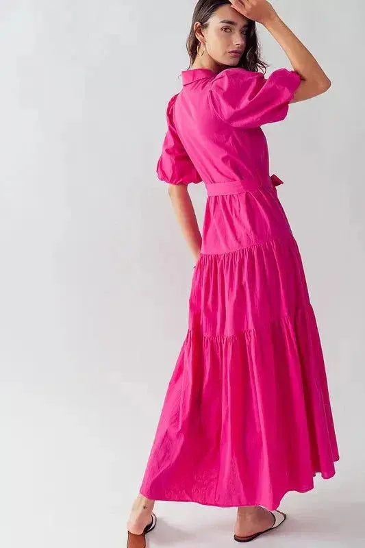 Puff Sleeve Tiered Dress in Fuchsia