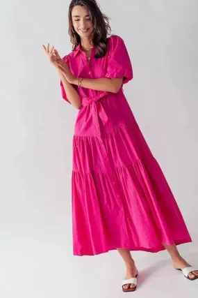 Puff Sleeve Tiered Dress in Fuchsia