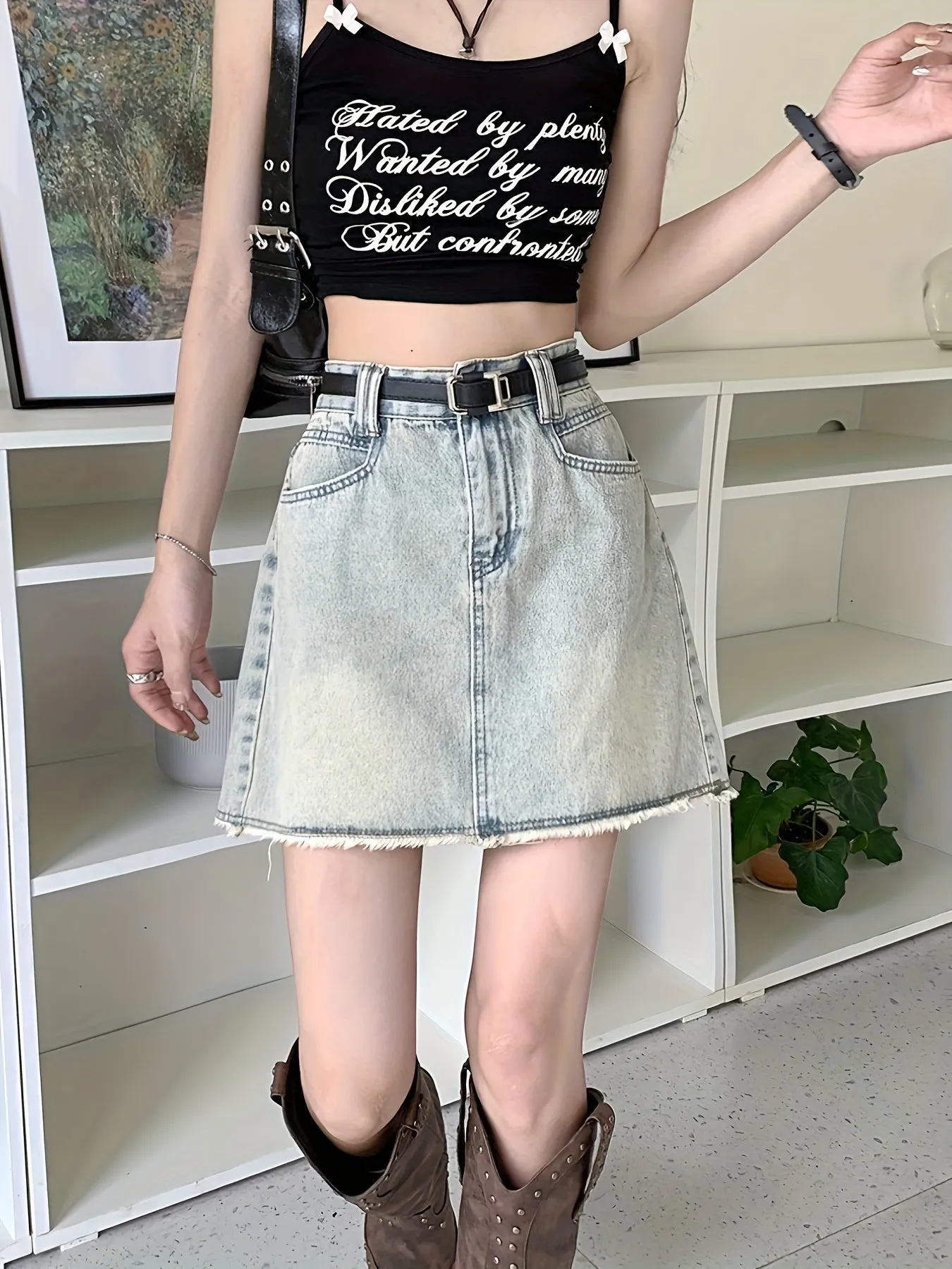 Raw Trim Vintage Denim Skirts, A-line High Waist Sexy Casual Denim Skirt With Pocket, Women's Denim Clothing