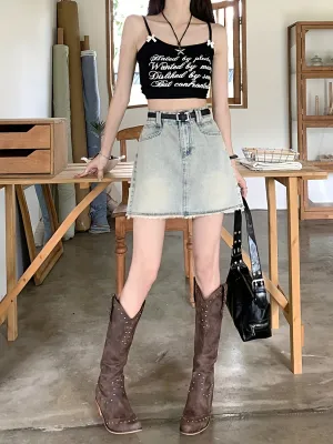 Raw Trim Vintage Denim Skirts, A-line High Waist Sexy Casual Denim Skirt With Pocket, Women's Denim Clothing