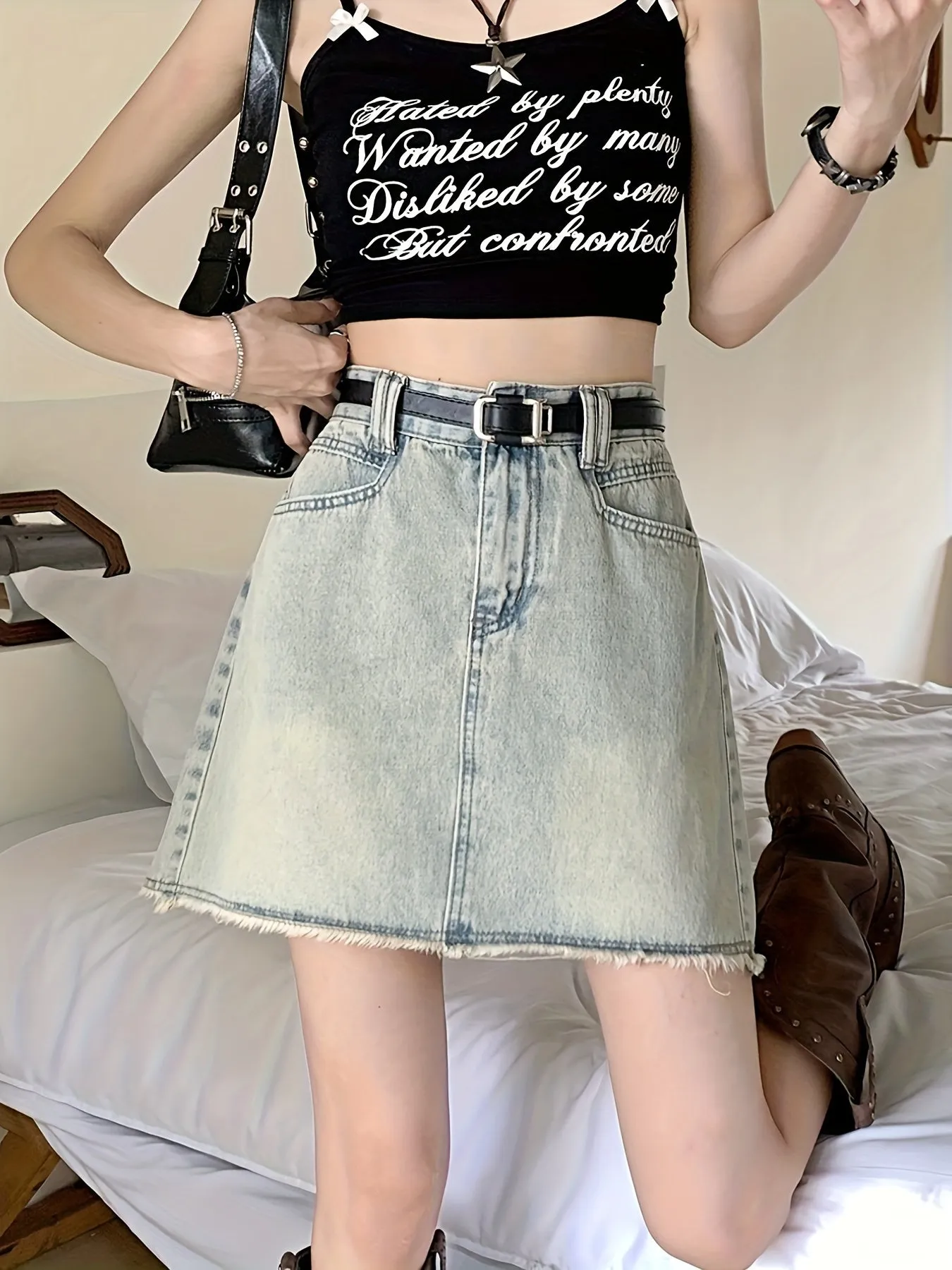 Raw Trim Vintage Denim Skirts, A-line High Waist Sexy Casual Denim Skirt With Pocket, Women's Denim Clothing