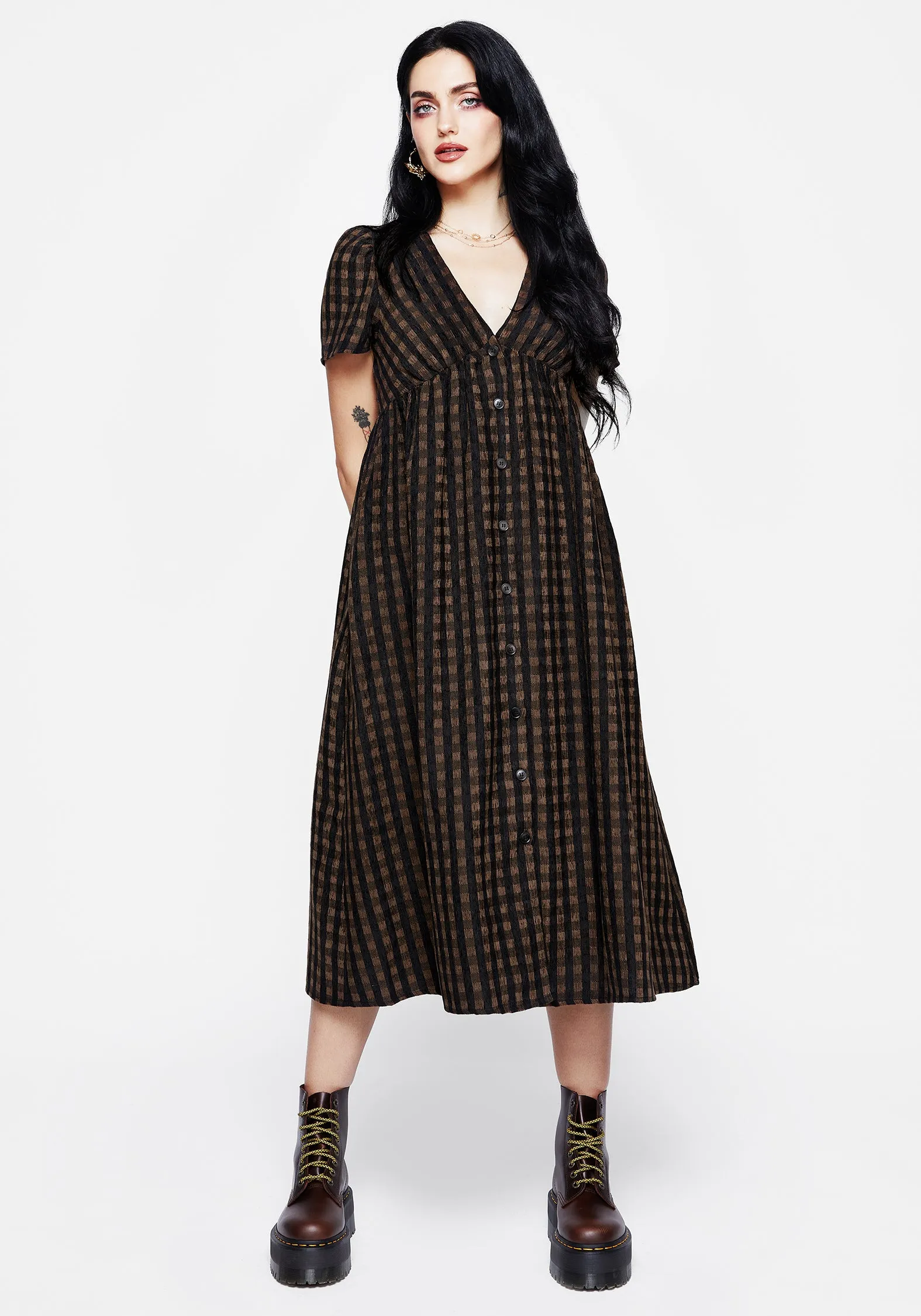 Rydal Check Button Up Midi Dress - Brown