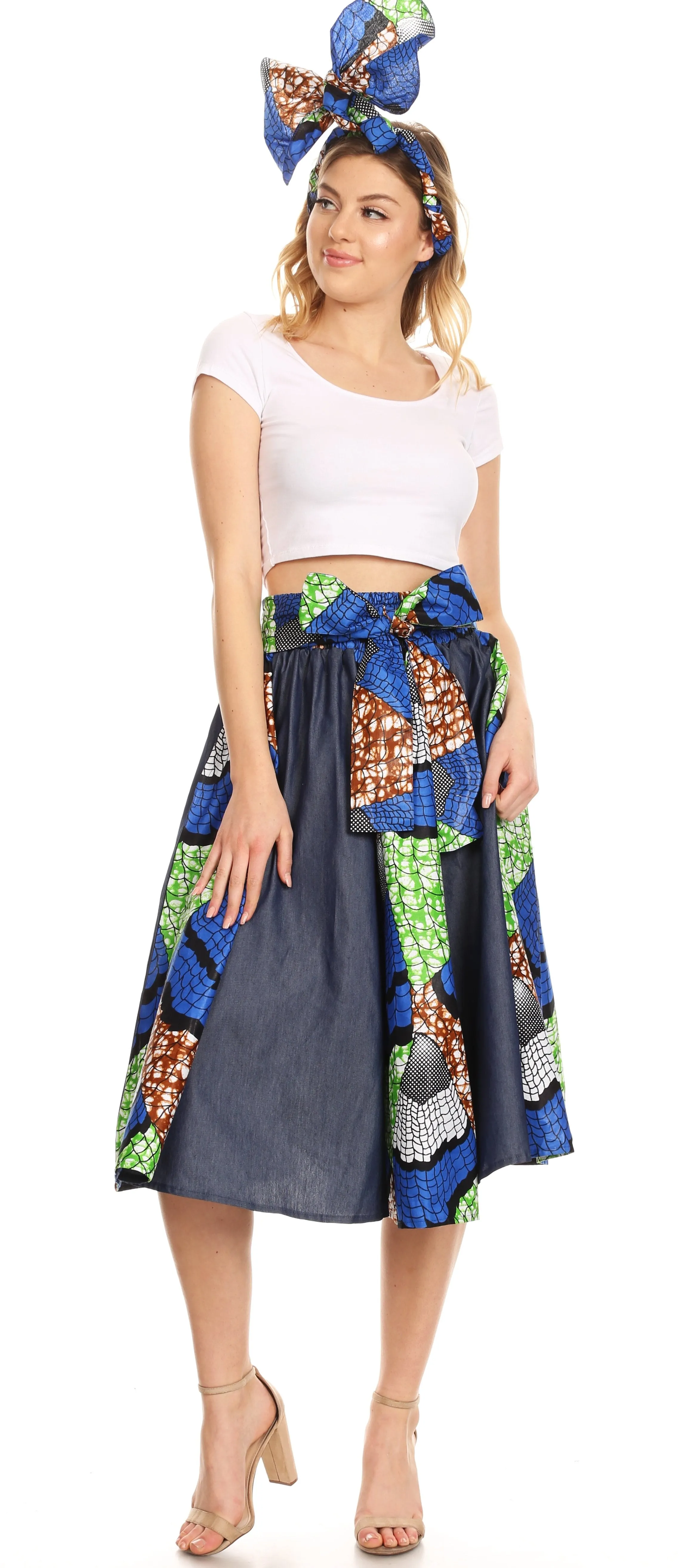 Sakkas Dayo Circle Mid Skirt with Elastic Waist Colorful Ankara African Wax Dutch