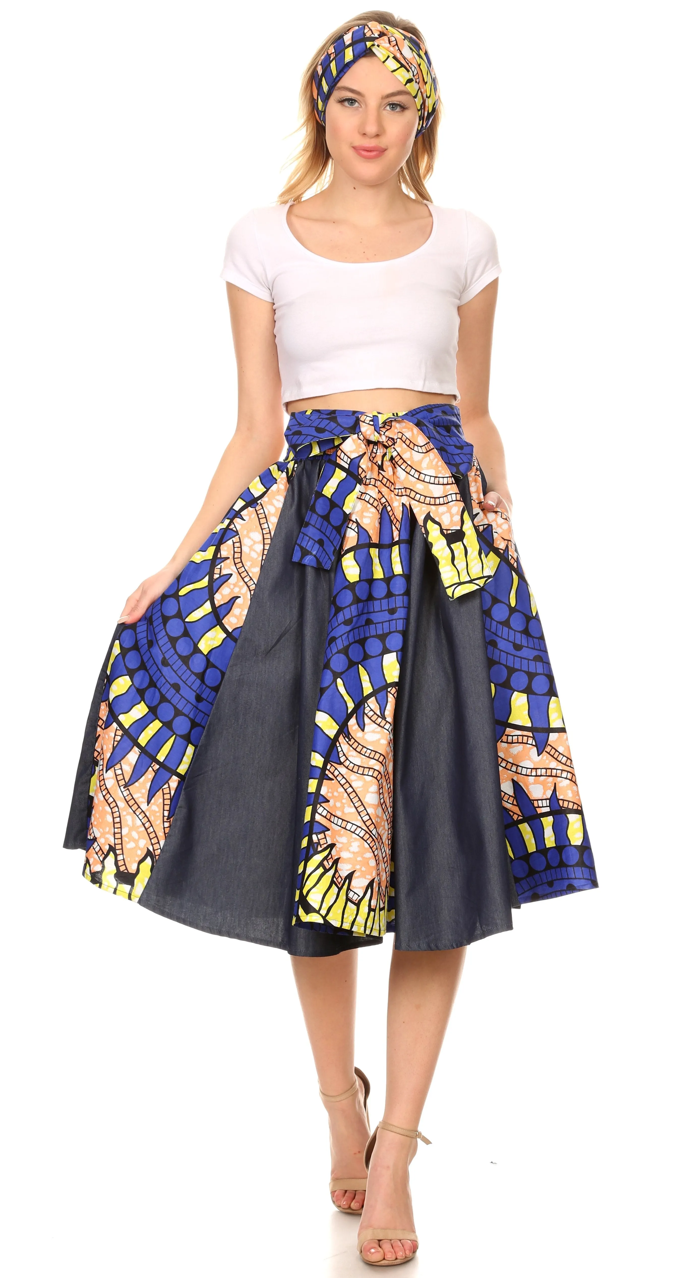 Sakkas Dayo Circle Mid Skirt with Elastic Waist Colorful Ankara African Wax Dutch