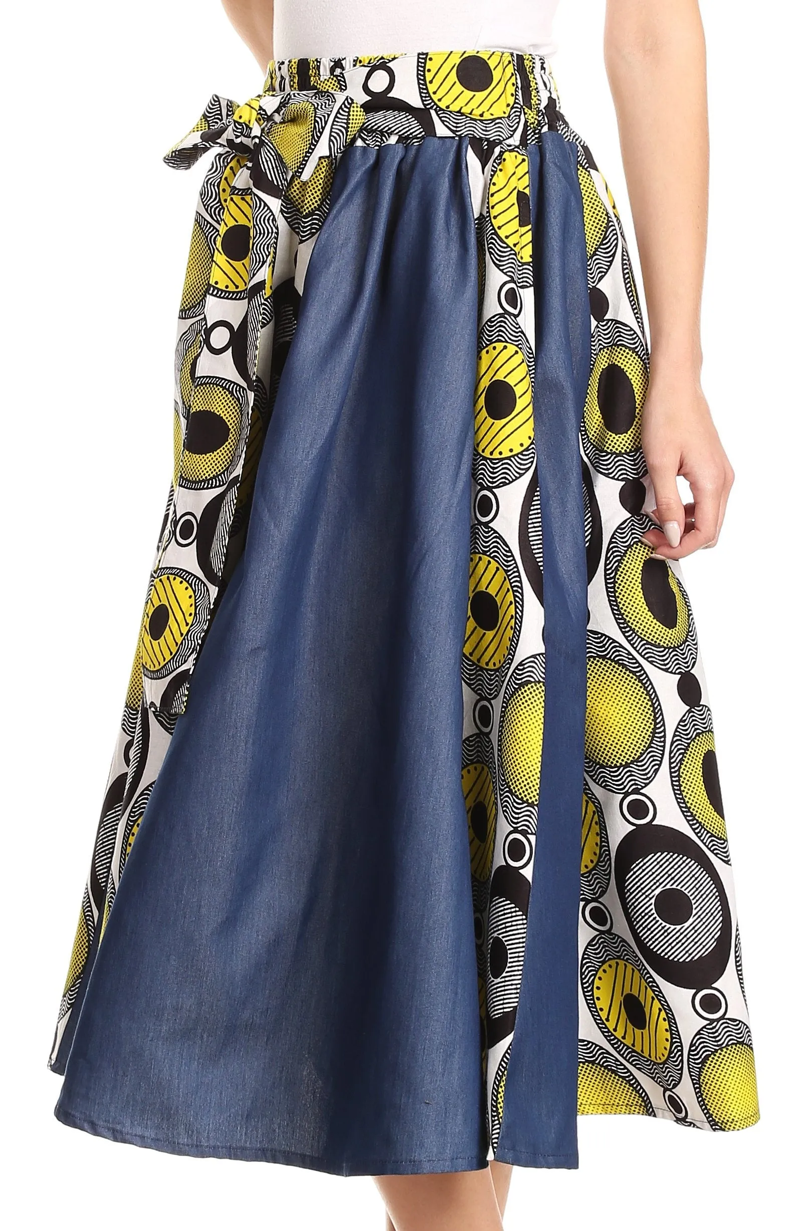 Sakkas Dayo Circle Mid Skirt with Elastic Waist Colorful Ankara African Wax Dutch